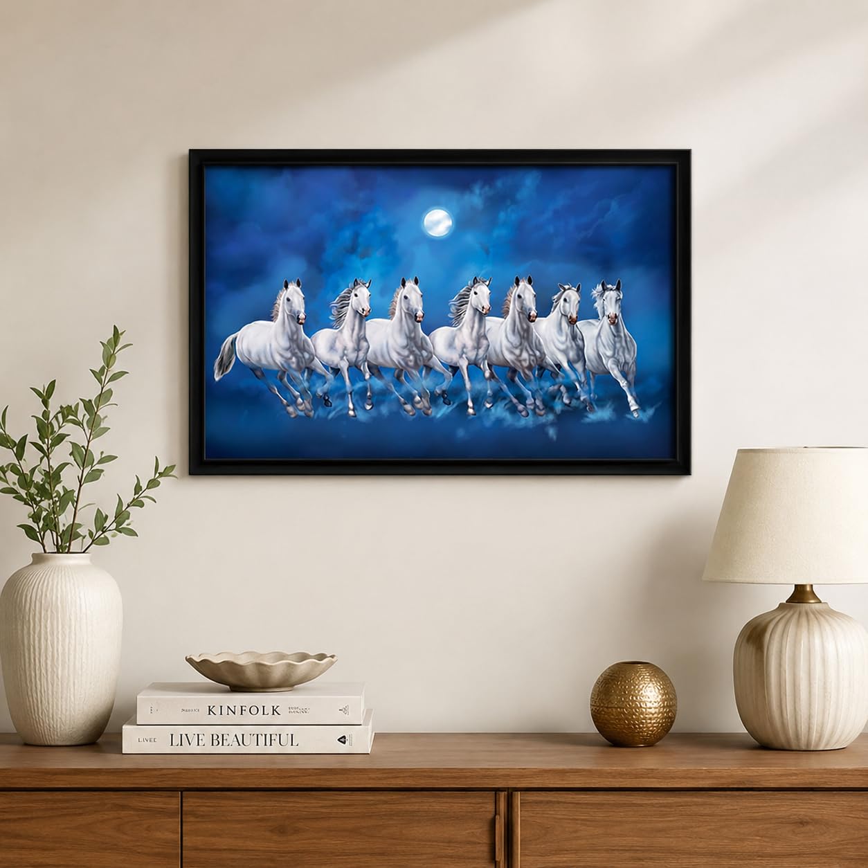 LIFEHAXTORE ® Xtore Seven Lucky Running Vastu Horses Art Framed Painting (Ocean Blue, 12 Inch x 18 Inch) 3