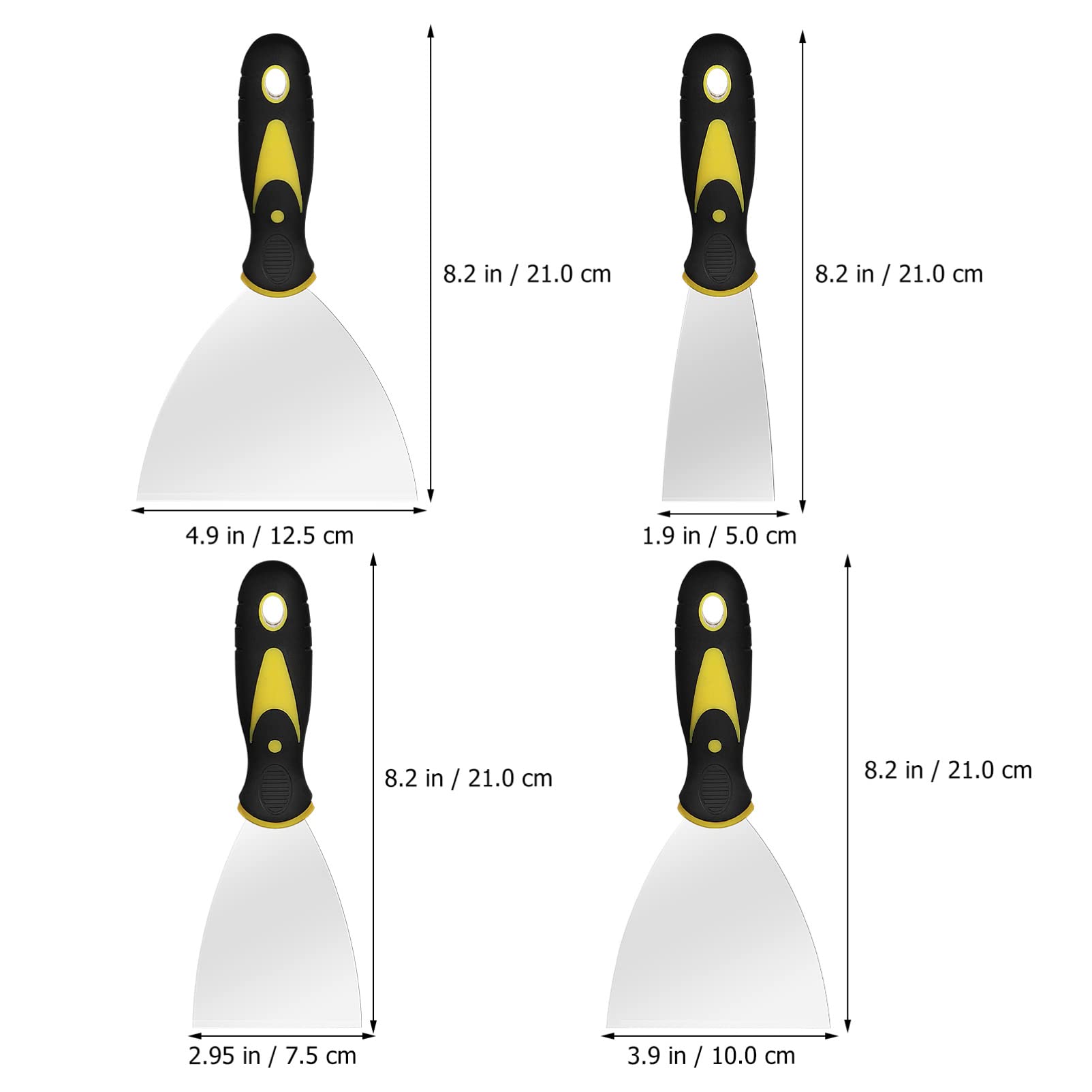 Set di Spatole in Acciaio Inox 8 Pezzi per Superfici Lisce | Argento, Non Facile da Arrugginire, Kit per Finitura e Riparazione Cartongesso, Impugnatura Integrata