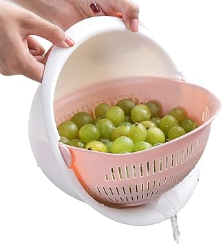 Double Layer Swivel Drainer 2 in 1 Bowl Strainer Combo - Kitchen Colander Fruit Wash Strainer for Cleaning Veggies, Noodles Pink