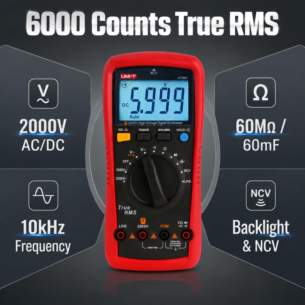 UNI-T UT892 2000V AC/DC High Voltage Digital Multimeter Features VFC Mode Built-in NCV 6000 Counts True RMS — Amazon image 3
