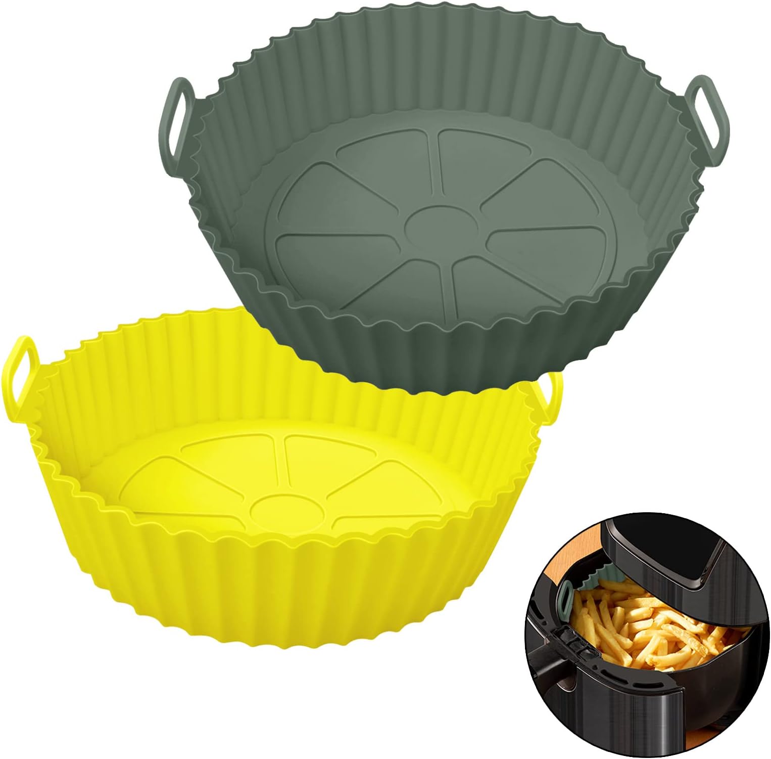 XIILSIE 2Pcs Air Fryer Silicone Liners 3 to 5 QT, Pot Food Safe Non Stick Basket Bowl Accessories, Reusable Replacement of Flammable Parchment Liner Paper (Top 8in, Bottom 6.75in), Greygreen + Yellow