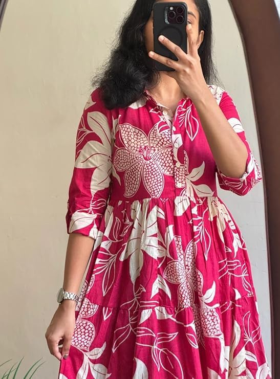 ROYALICA Women’s Pure Cotton Maxi Midi Dress Western Dress for Women Elegant Floral Printed Long Dresses | Soft & Breathable Fabric | Casual – pink