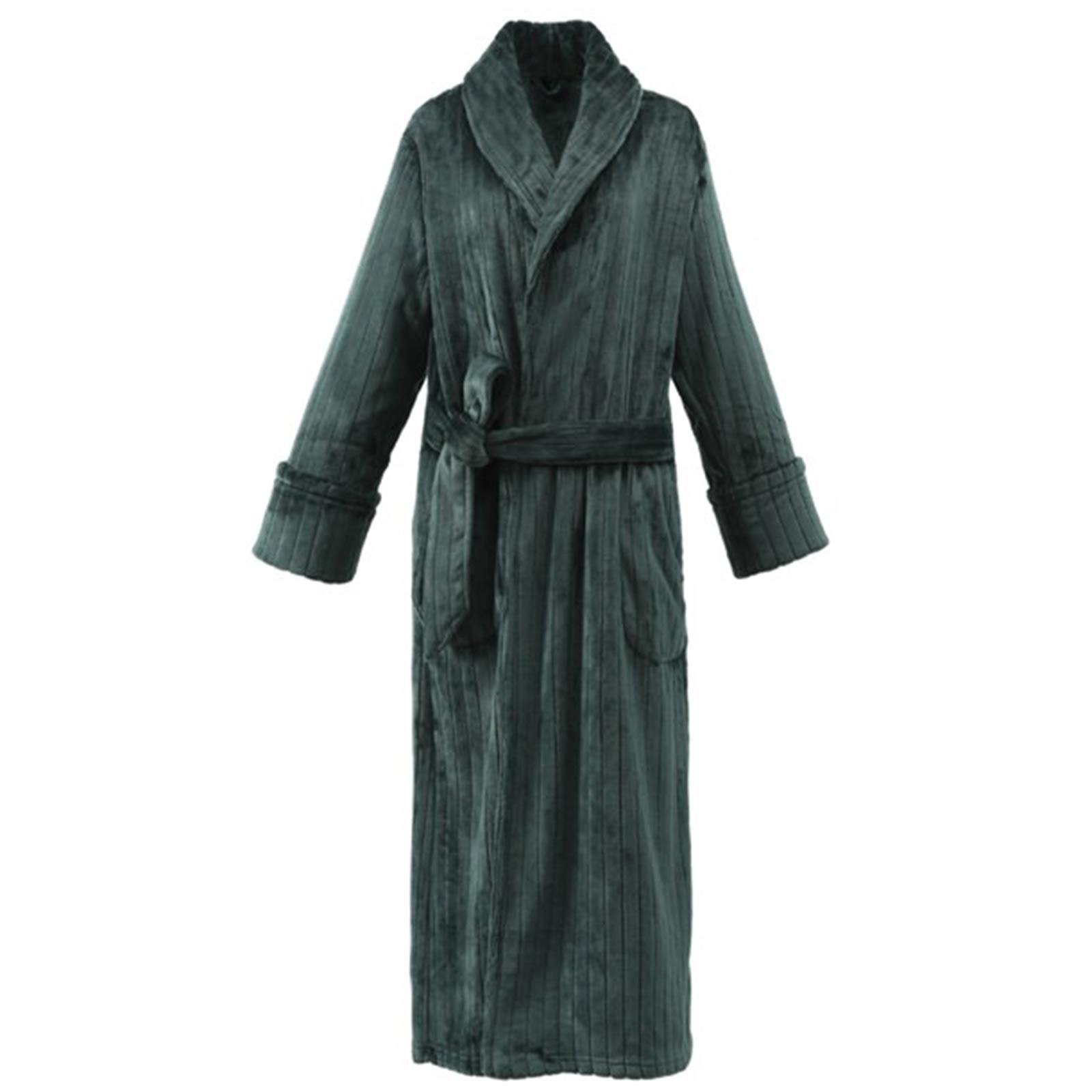 Men Women Winter Bathrobe Coral Fleece Lengthen Green Robe with Pocket Belt Dressing Gown Women Medium