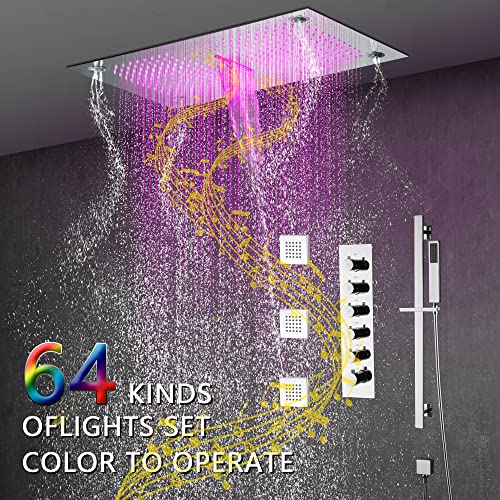 Cascada Luxury 16”x28” Music LED shower system with built-in Bluetooth Speakers, 5 functions (Rain, Waterfall, Mist Outlet, Body Jet & Hand Shower) & Remote Control 64 Color Lights (Brushed Nickel) miniatura 3