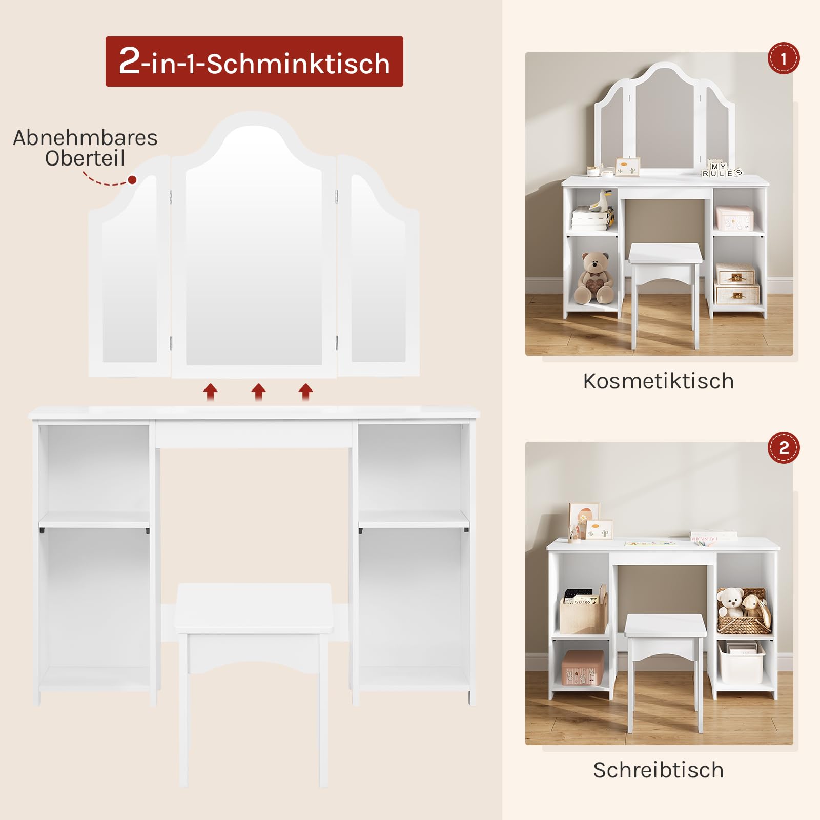WOLTU Kinder Schminktisch mit Hocker Spiegel, Abnehmbarer Dreifachspiegel, Kleiner Frisiertisch mit 4 offenen Fächern, verstellbare Einlegeböden, Mädchen Kosmetiktisch, weiß, MDF, MB6120ws