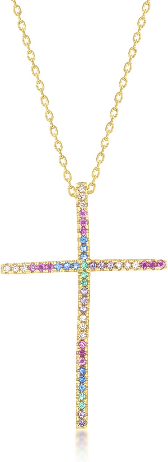 Cross Designed Rainbow Multi-Colored Cubic Zirconia Silver/14k Gold Plated Sterling Silver 18’’ Pendant Necklace Jewelry for Women or Teens