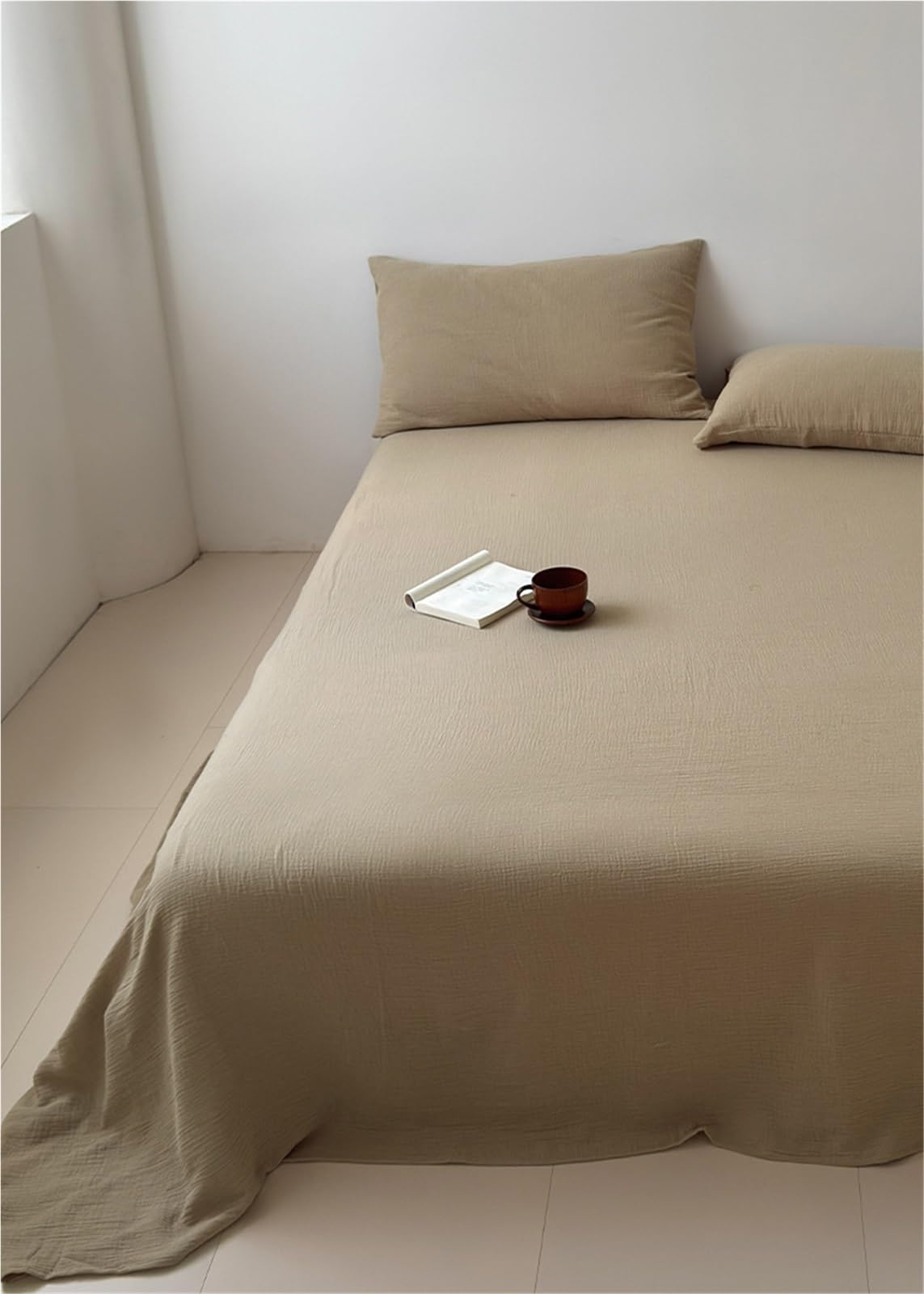 Bettlaken 160x230cm bis 240x270cm Flache Laken aus 100 % Baumwolle Doppellagige Falten-Gaze ohne Gummi Bed Sheets Betttuch ohne Gummi(Brown A,240x250cm+48x74cm x2)