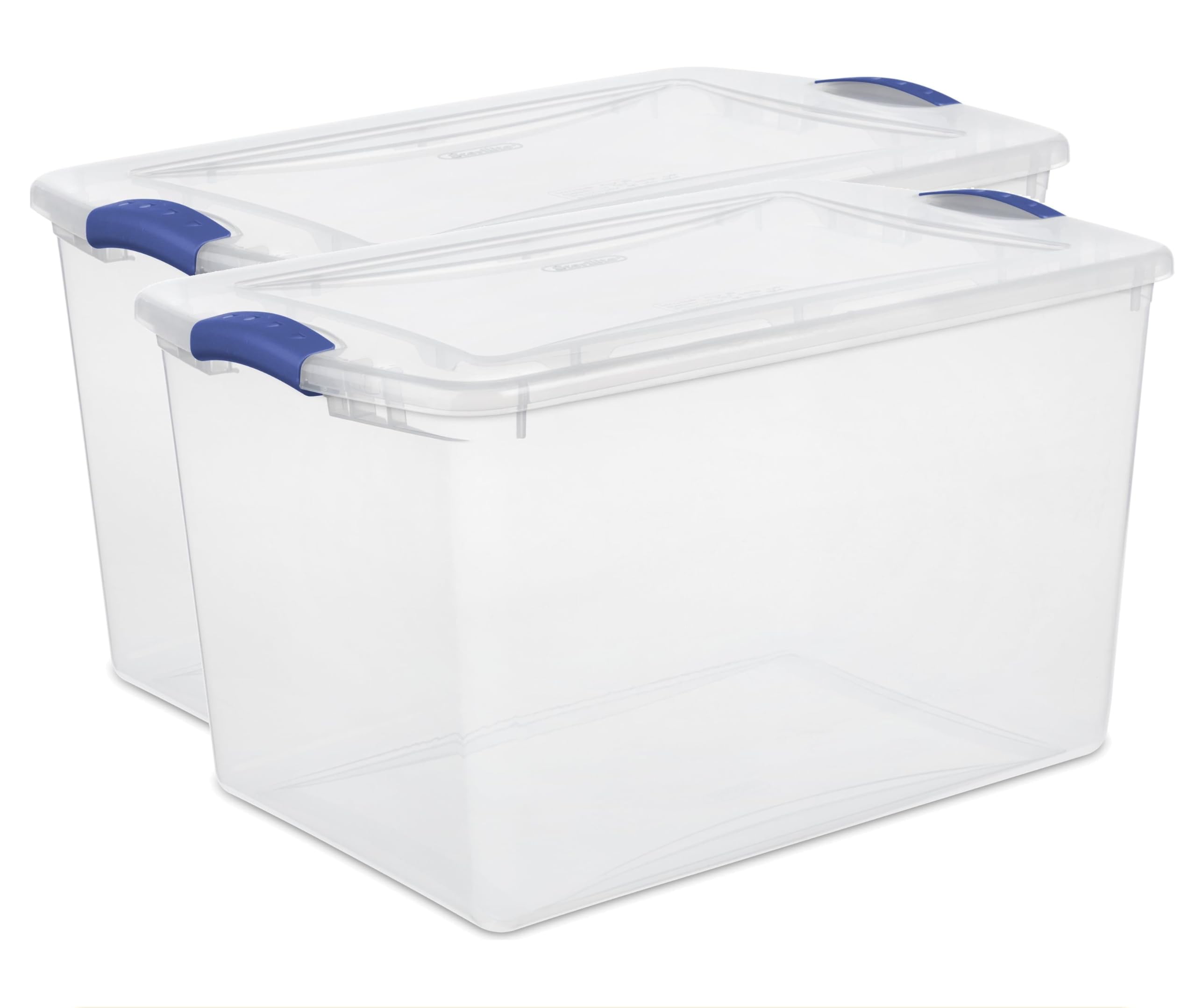 2-Pack, 66 Quart Large Clear Plastic Storage Bins with Blue Latch