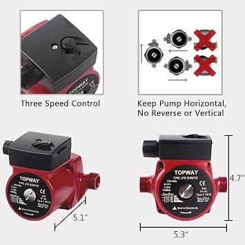 TOPWAY 3/4 NPT 110V Hot Water 3-Speed Circulation Recirculating Pump Circulator Pump for Water Heater System