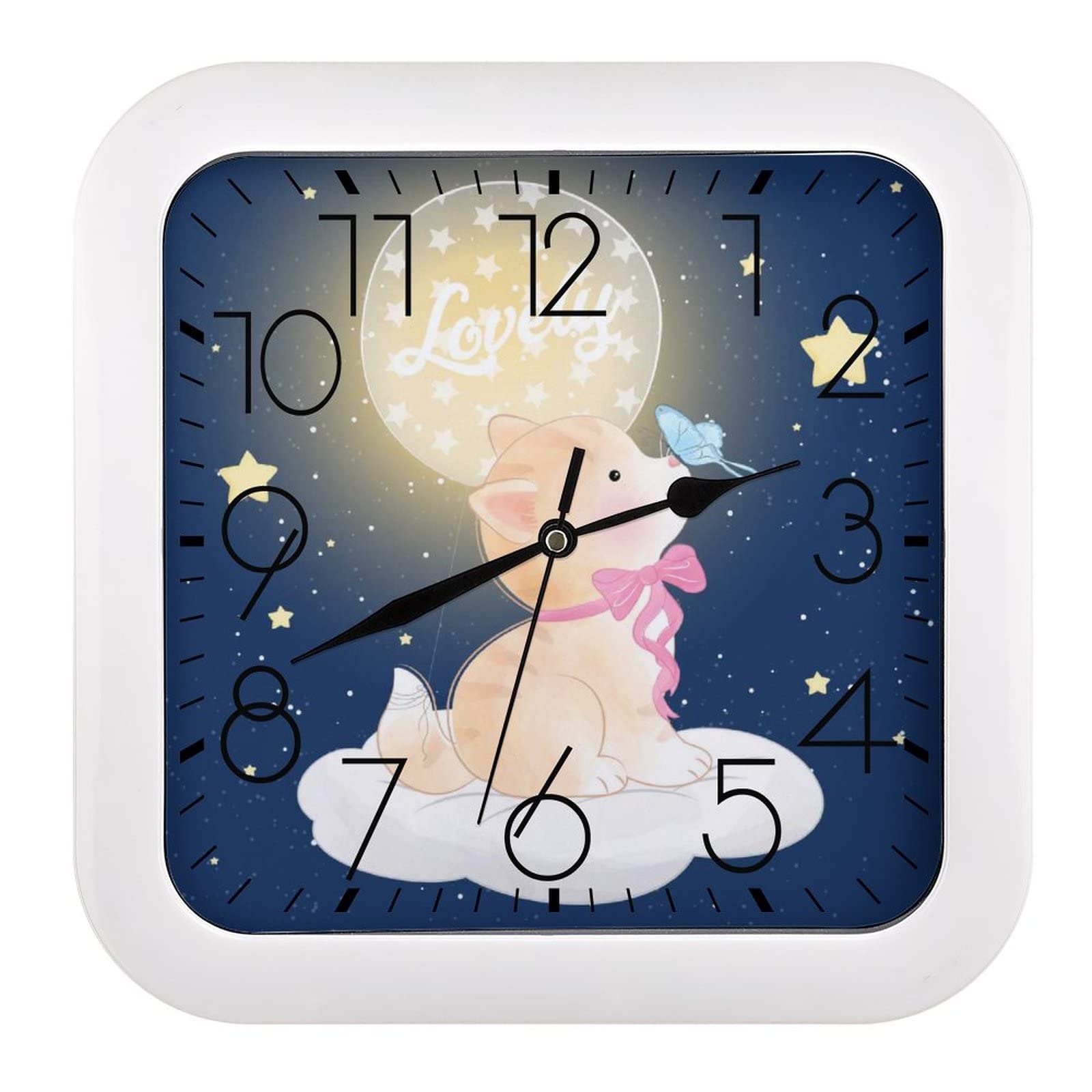 Horloge murale chat papillon au design carré et finitions soignées