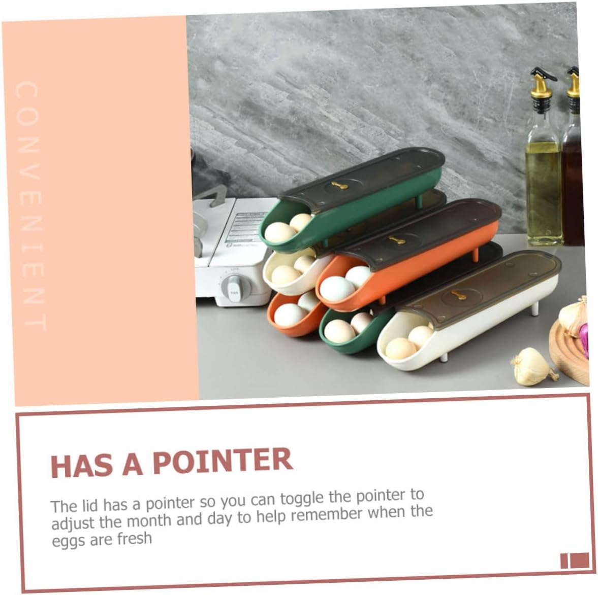 3pcs Stackable Egg Storage Container Automatic Scrolling Feature Refrigerator Organizer Bins Lid for Fresh Eggs White Green Orange