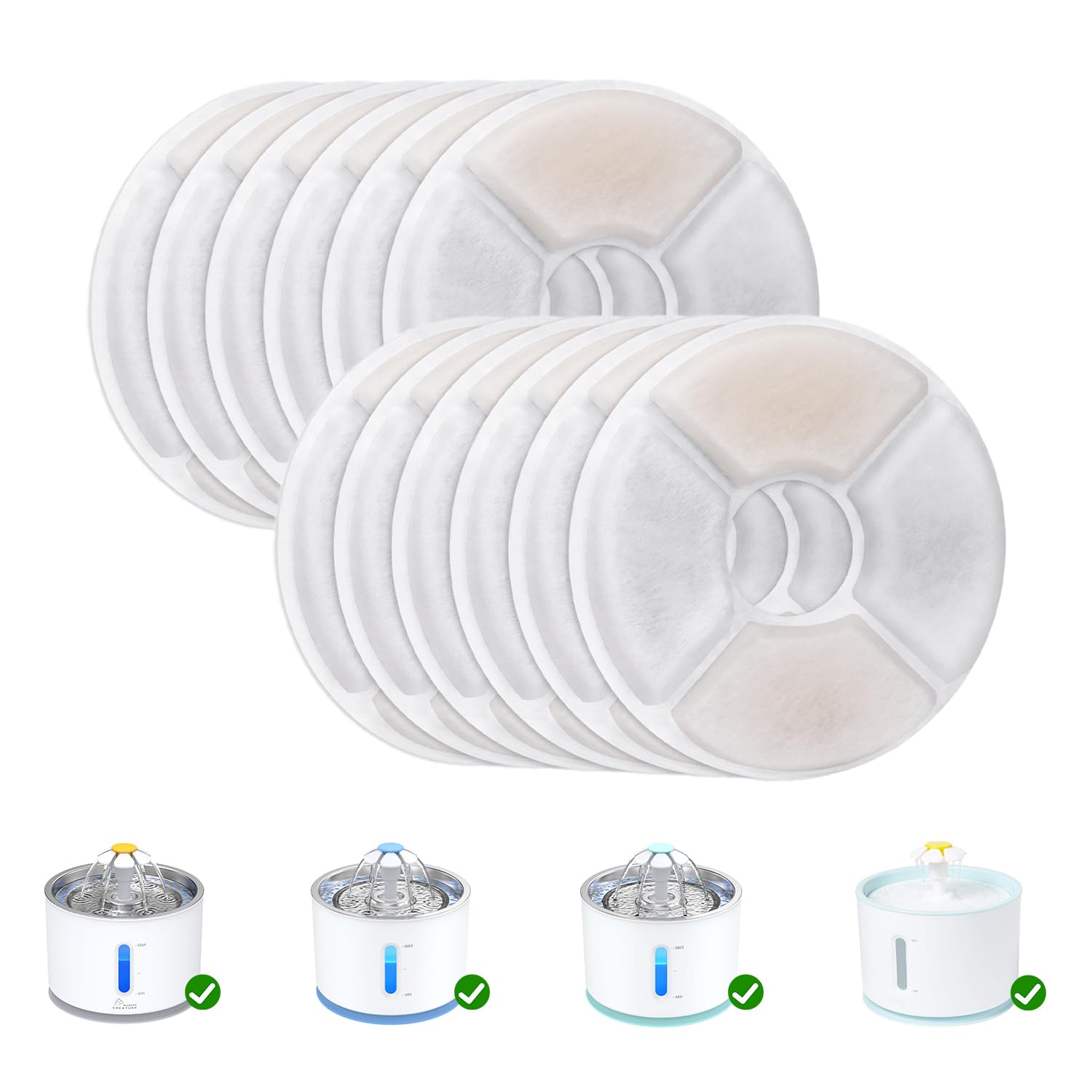 Wonder Creature Cat Water Fountain Filter Replacement, 6/8/12/16/8+4 Pack, Round Carbon Filters for 81oz/2.4L Stainless Steel Top Automatic Pet