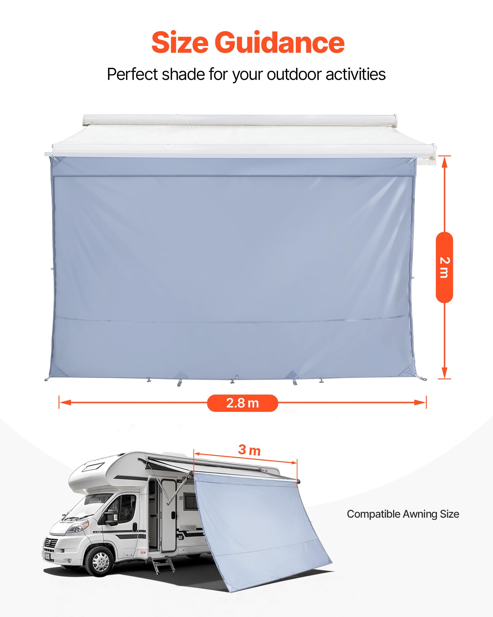 VEVOR Paroi Avant pour Store de Camping-Car 2x2,8 m, Façade de Store Compatible avec Auvent 3 m, Pare-Soleil Caravane Voyage, avec Couverture Zippée en PU UV50+, Maille Polyester Double Couture