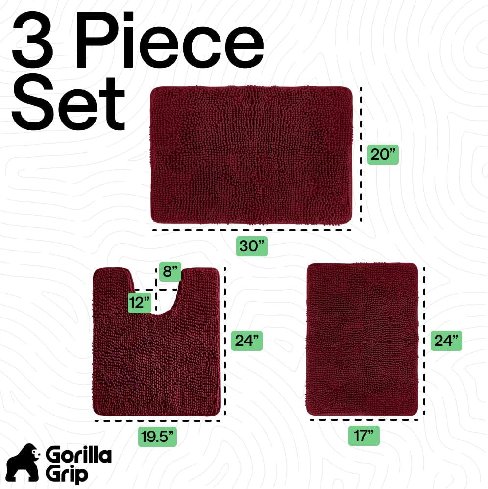 GORILLA GRIP Bathroom Rug Sets 3 Piece, Bath Mat Set and Oval Toilet Base with Rubber Backing, Plush Absorbent Shaggy Chenille Washable Mats, Includes 24x19.5, 24x17 and 30x20 Inch Rugs, Red