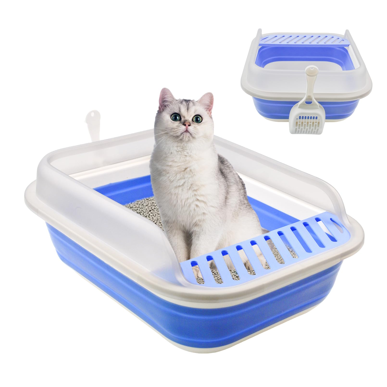 MUYG High Sided Cat Litter Box, Anti-Splashing Low Entry Cats Litter Pan with Scoop Collapsible Foldable Shallow Kitten Potty Toilet Waterproof Cat