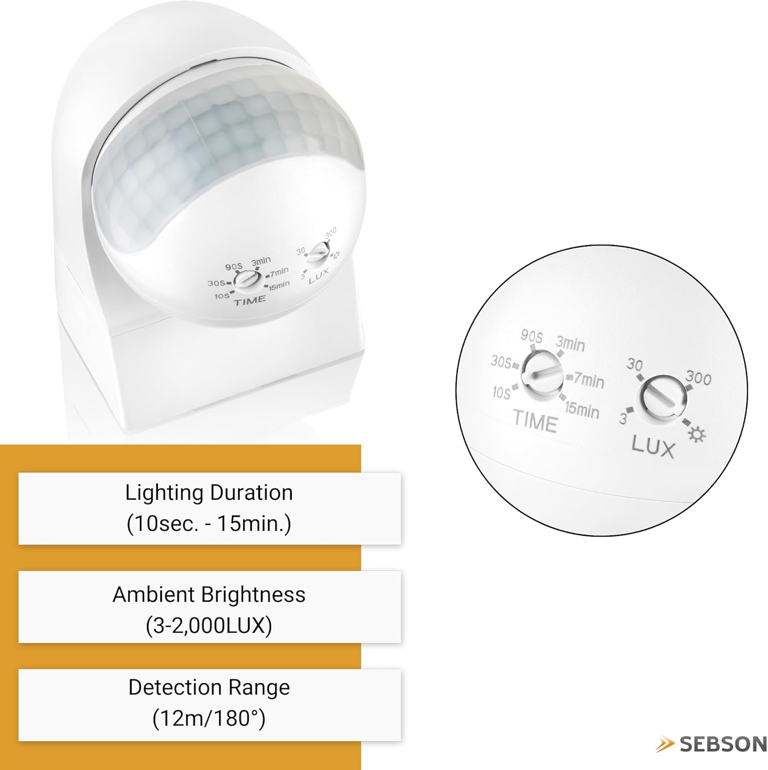 Close-up of the motion detector's adjustment dials. One dial is labeled 'TIME' with settings from 10s to 15min. The other dial is labeled 'LUX' with settings from 3 to 2000 LUX.