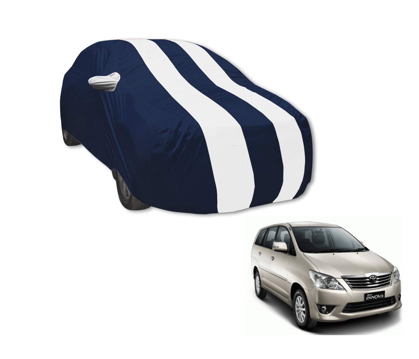 Auto Hub Car Cover Compatible with Innova Old (Model : 2004-2015) with Mirror Pocket, Water Resistant, Triple Stitched, Innova Car Cover- Navy-White-image-30