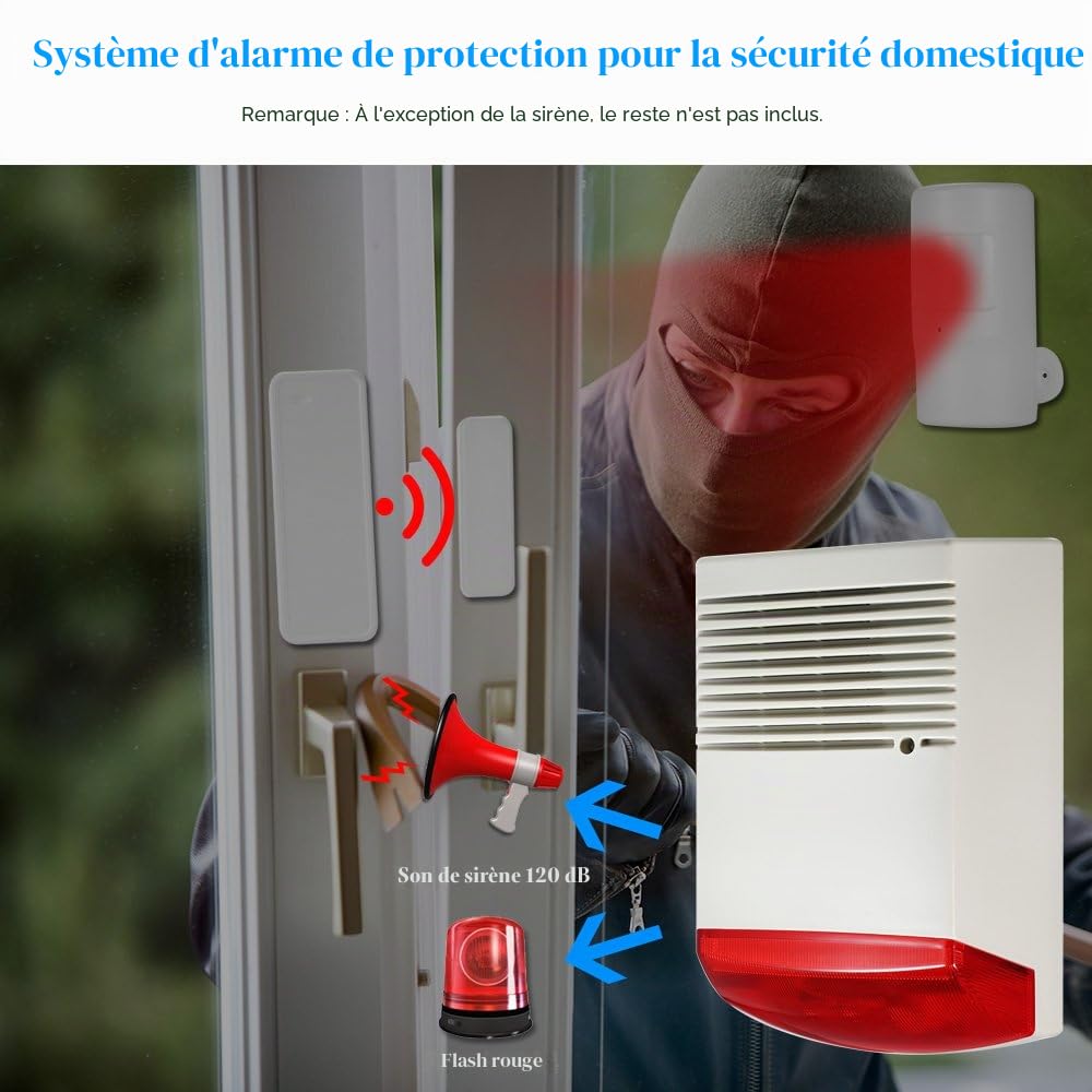 Capteur de porte et de fenêtre - Sirène stroboscopique filaire - Lumière d'alarme rouge - 120 dB - Alarme sonore - Haut-parleur extérieur étanche pour intrusion de sécurité et de feu