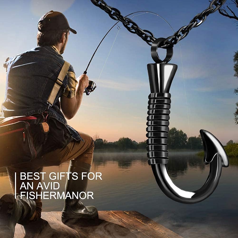 abooxiu Fishing Hook Urn Necklace for Ashes Angel Wing Fish Hook Stainless Steel Cremation Jewelry Memorial Pendant Keepsake Ashes Holder