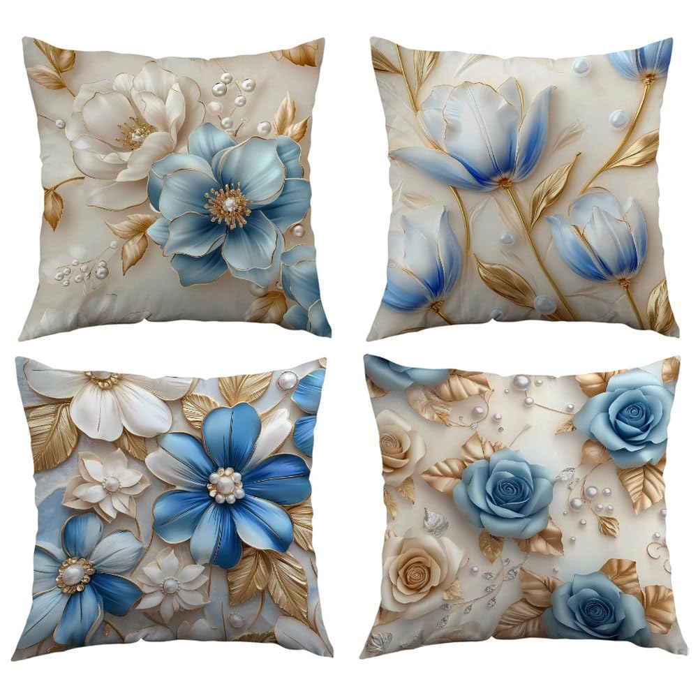 Cushion Covers 45X45 Set Of 4 Flower Cotton Linen Decorative Pillowcases With Invisible Zipper, Square Throw Pillow Covers For Sofa, Couch, Bedroom Or Outdoor Use,18X18 Inch Set Of 4