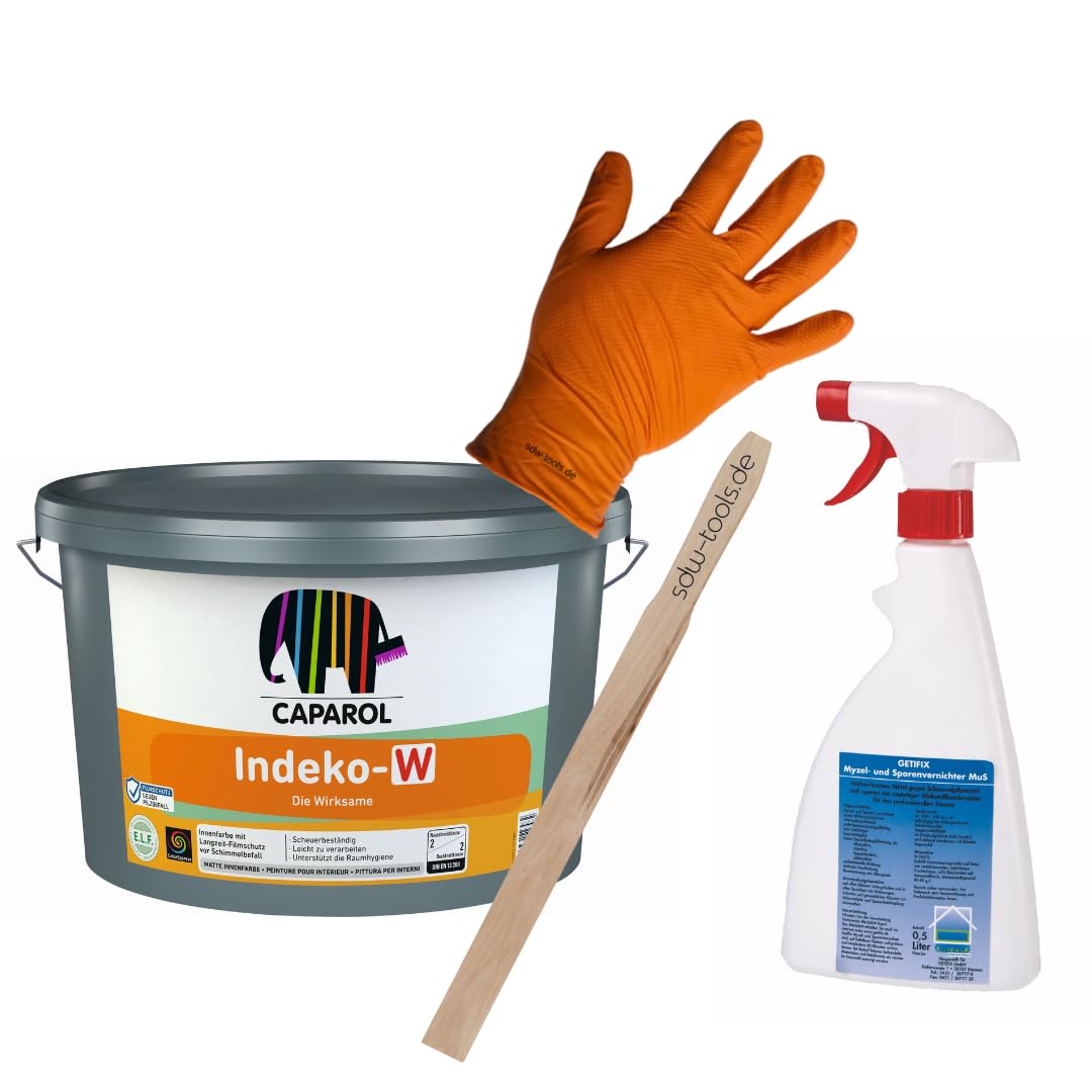 Caparol Anti-Schimmel Farbe Indeko W - weiß 2,5 Liter All in One Set inklusive Schimmelentferner, sdw-tools Rührholz und Nitrilhandschuhe