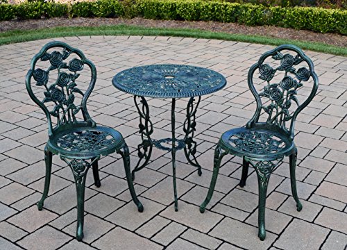 Image of Oakland Living Cast Aluminum Conversation Set Metal Antique Green 3 Piece Patio Rose Bistro Set