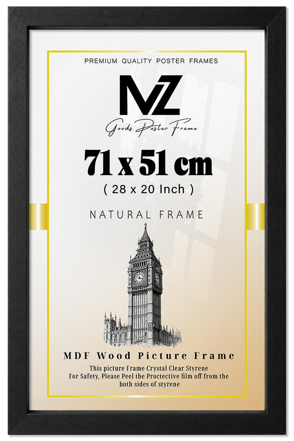 MZ GOODS | MDF Poster Frame (71 x 51 CM) 20" x 28" for Movie Posters, Sketch Art, MDF Wood Finish, Secure Hanging Hooks for Display [ Matt Black ]