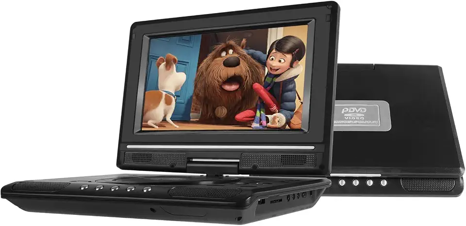 Leitor de DVD Portátil 9.6 Polegadas + Disco de Jogos Incluído, Leitor de DVD de Carro com Suporte para CD/SD/USB, Tela HD Grande, Rotação Livre de 180 Graus e Bateria de Grande Capacidade