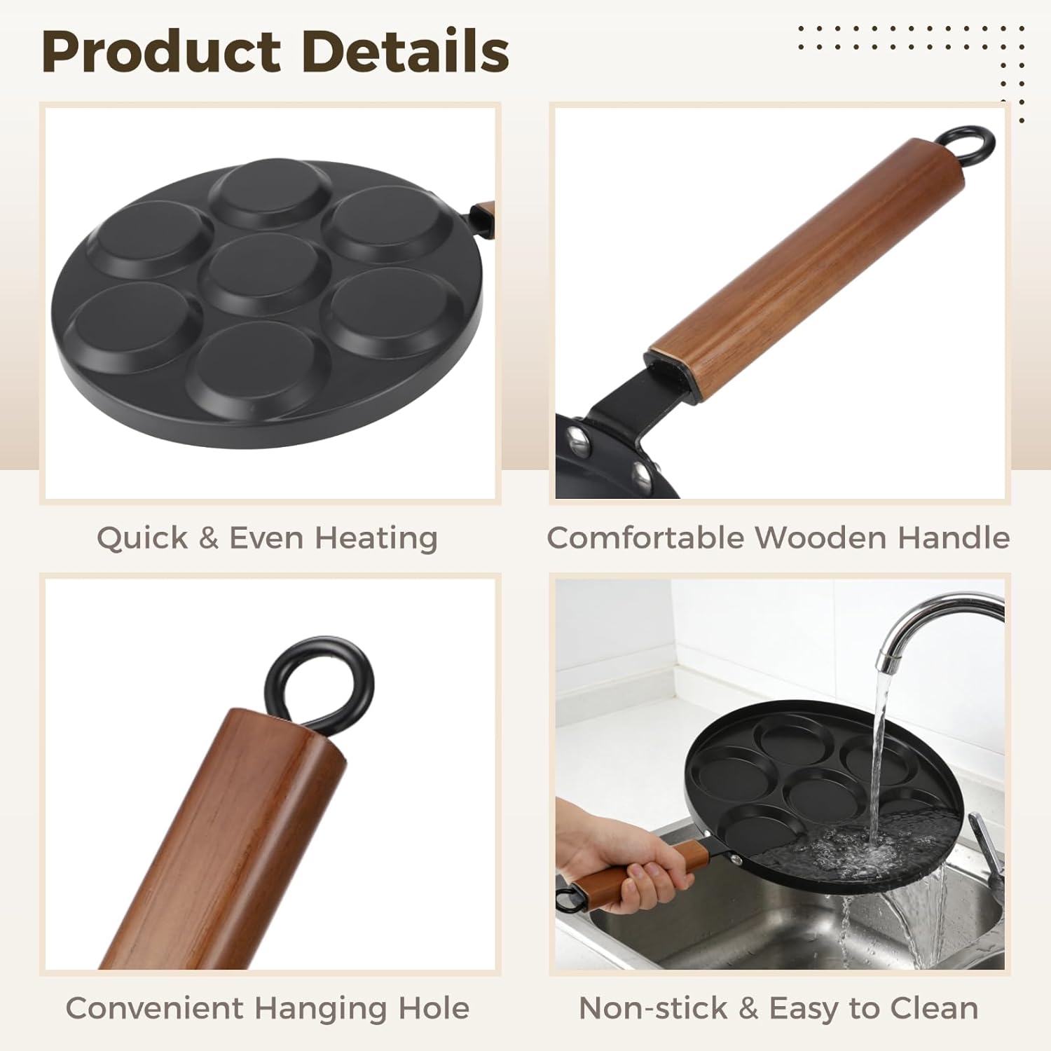 7-Cup Egg Frying Pan Nonstick, 12 in Omelet Pan with Wood Handle, Ceramic Coating Pancake Pan Includes Brush and Spatula, Compatible with All Stove Cookers
