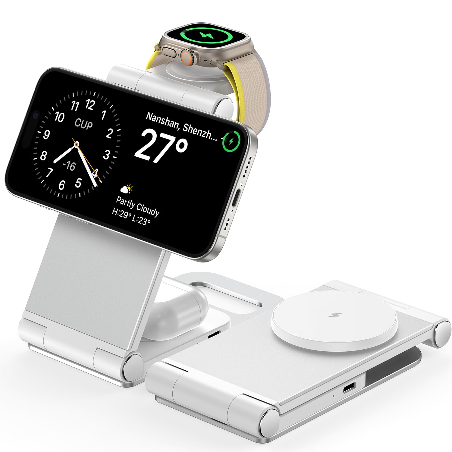 Facbiny 3 in 1 Foldable Wireless Charging Station, Magsafe Charger Stand with 20W Adapter, Aluminium Alloy Magnetic Travel Charger for iPhone 15 14 13 12 Series, Apple Watch 2 to 9/Ultra/SE, AirPods