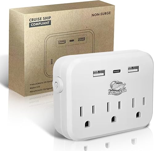 Extensor de salida compatible con crucero con 3 salidas de CA, puertos USB duales, puerto USB-C, 2500W. Sin protector de sobretensiones. Esencial
