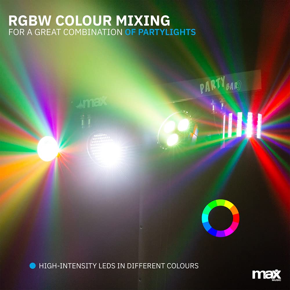 MAX Partybar09: Set di luci LED per feste con barra a T e supporto, 4 effetti di luce, RGBW Color Mixing, DMX 3 o 15 canali, controllo del suono con sensibilità regolabile