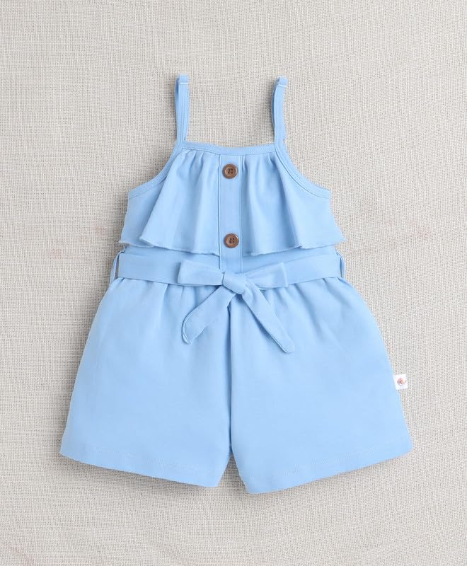 Image of BUMZEE Baby Girls Regular Fit Sleeveless Square Neck Cotton Above Knee Jumpsuit With Belt