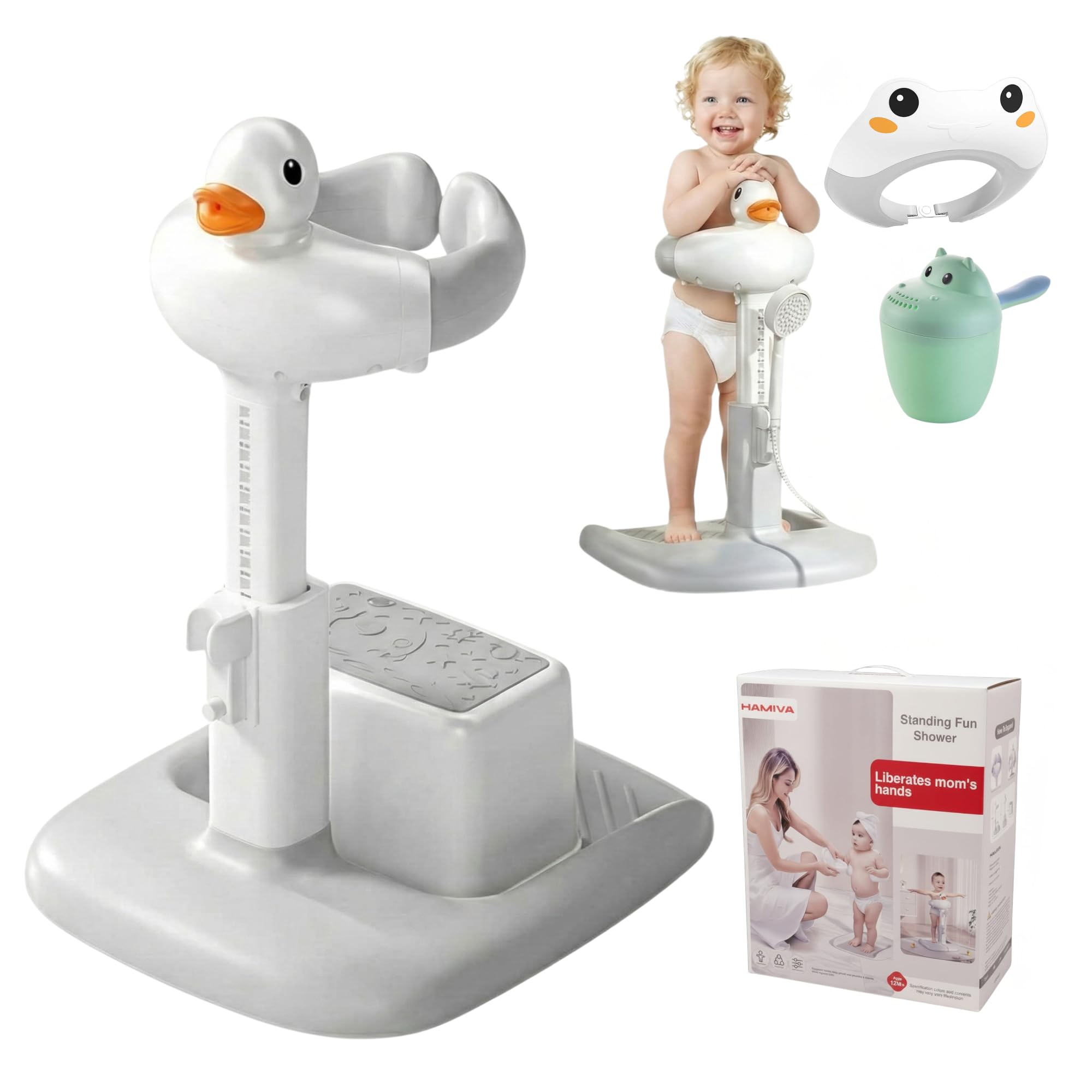 Baby Bath Stand with Built-in Seat - Duck Design - Anti-Slip Base - Baby Shower Stand for Sitting