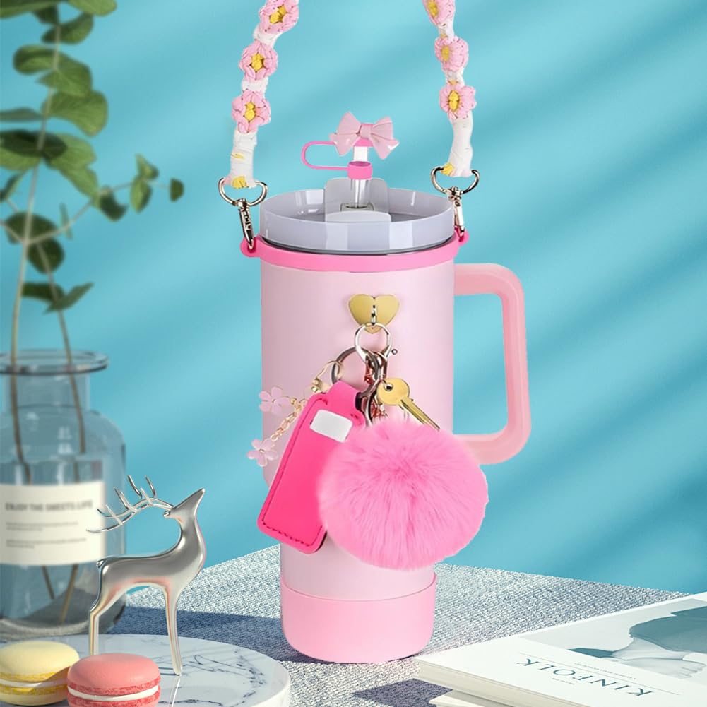 Set 10 Accessori Per Tazze Stanley Rosa - Include Copricanuccia, Cinturino Manico, Stivaletto Silicone, Ciondoli, Portachiavi, Sottobicchiere E Custodia Rossetto - 4