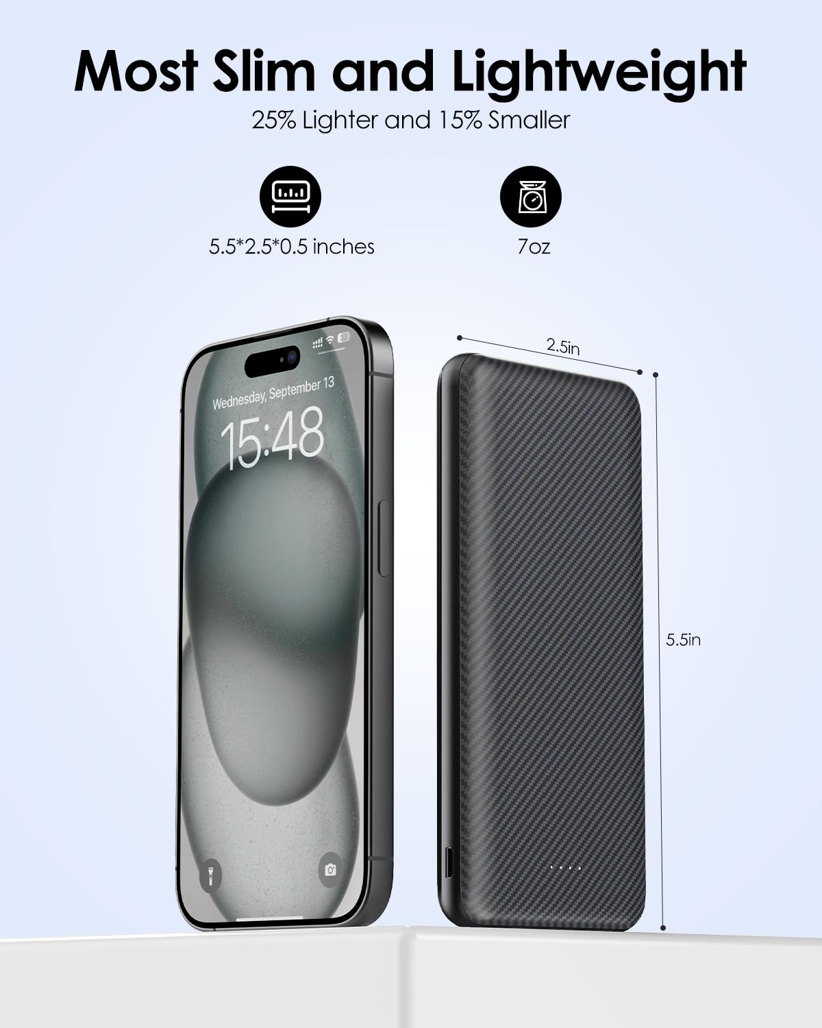 Banca di potere portatile 10000mAh con ricarica rapida USB-C - nero | Batteria sottile da 5 V/3 A per telefoni, da viaggio, leggera, compatibile con iPhone, Galaxy, LG, Sony, Pixel, tablet