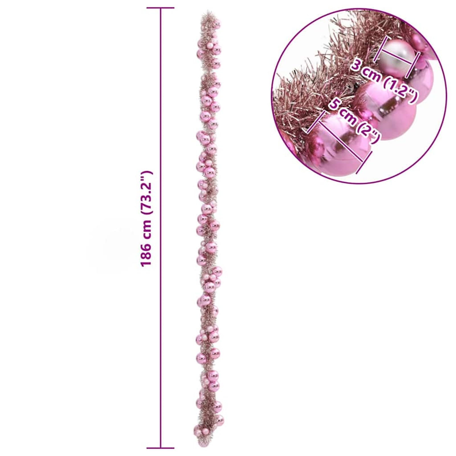 Gecheer Weihnachtskugelgirlande Rosa 186 cm Polystyrol, Weihnachtskugeln Set Kunststoff-Kugeln für Weihnachtsbaum Fenster Adventskranz Gartenparty Winterdekoration42019690