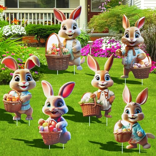 Wvu & Wvo Osterhasen Gartenstecker, 2D Ostern Werbeschilder, Ostern Hof Schild für Gartendeko, groß Osterdeko Outdoor, Ostereiersuche, frühlingsdeko draußen(35x22 cm, 6Pcs)