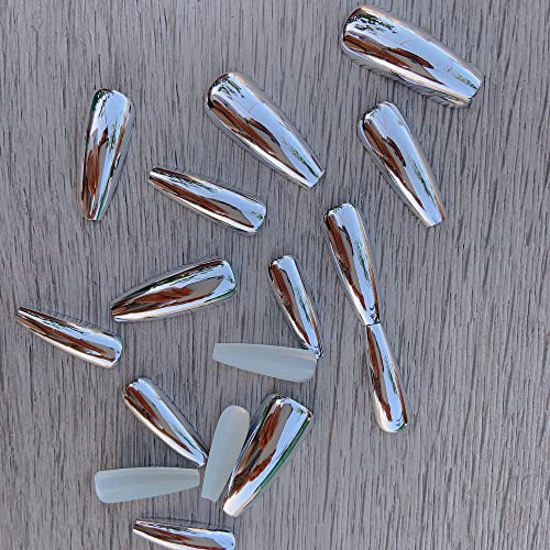 Ikiskt Super Long Silver Metal Style Press On Nails Punk Metallic Pre-Designed Coffin False Nails Ballerina Barllet Mirror Fake Nail Set 24Pcs Stick On Tips Manicure For Women Girls Party Dating #TOP5