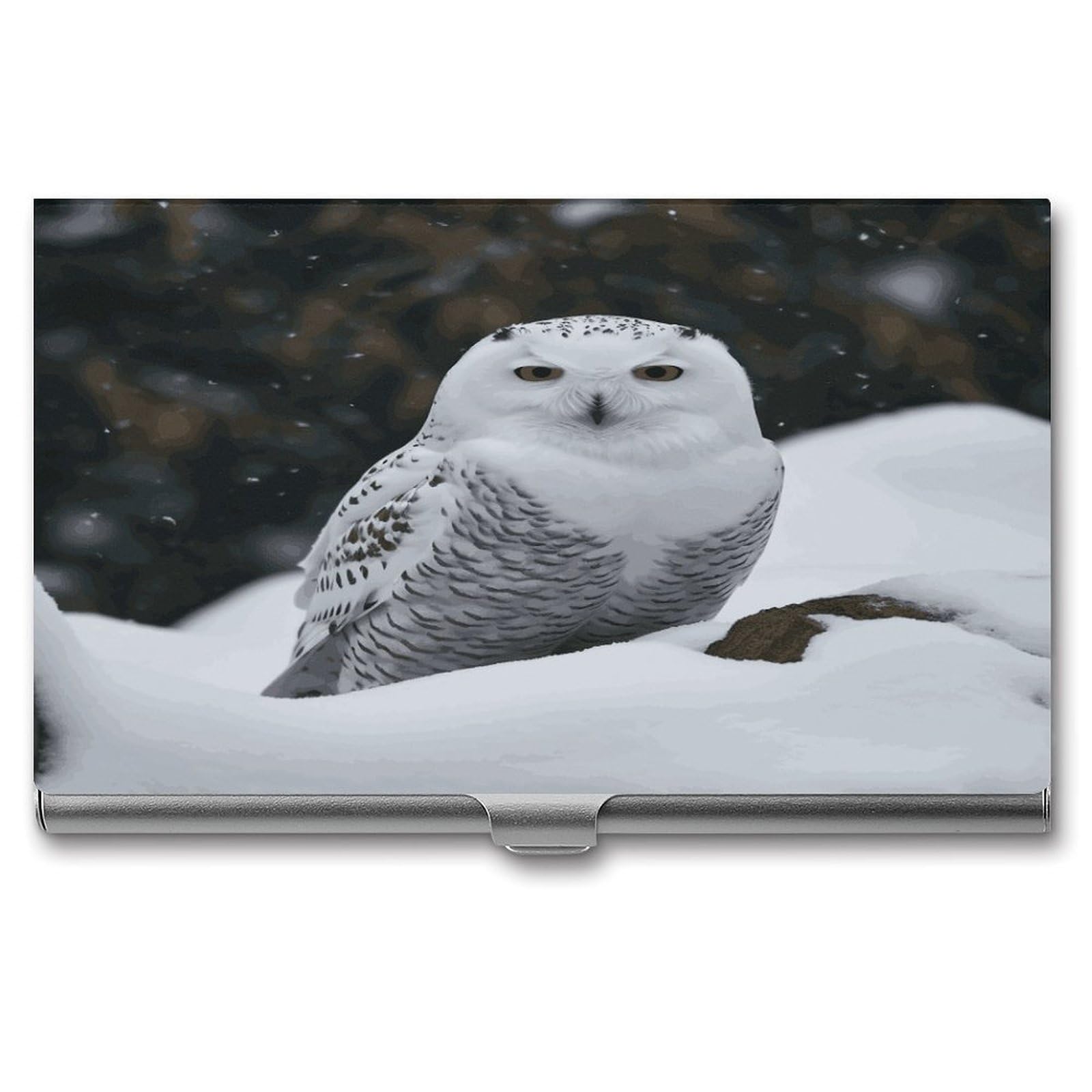 LDGSUPH Snow Owl Business Card Holder Fashion Slim Name Card Holder Minimalist Design Case Metal Card Carrier Personalized Business Card Case with Flip for Men Women