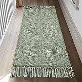 Collive Kitchen Runner Rug, 2' x 4.3' Hand-Woven Reversible Washable Rug, Olive Green/Cream Cotton Modern Farmhouse Bathroom Rug Hallway Carpet for Foyer Bedroom Entry Back Door Decor
