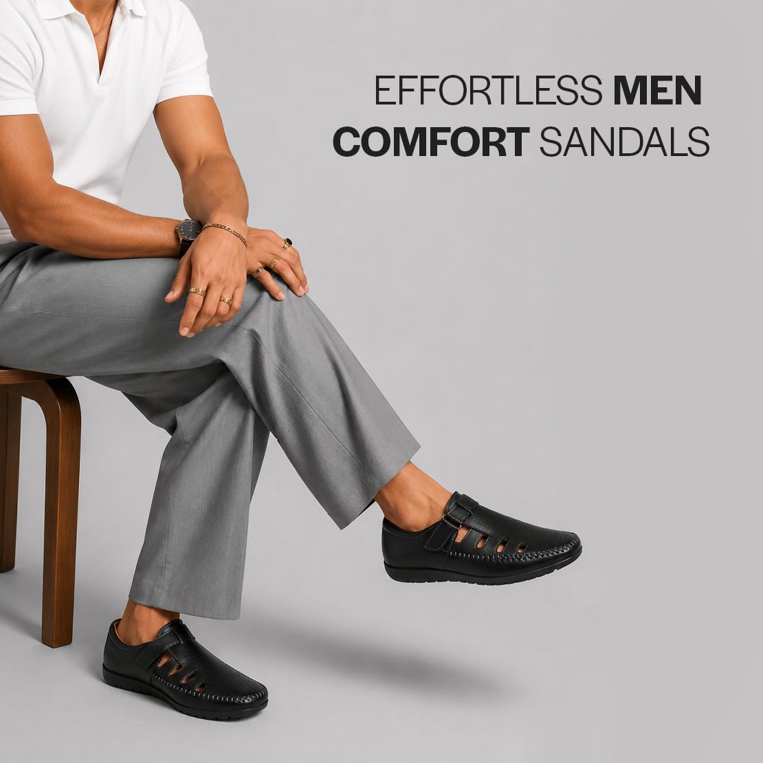 FAUSTO FST FOSMS-2118 BLACK-42 Men's Black Laser Cut Perforated Shoe Style Roman Sandal|Adujstable Hook & Loop Stitched Pull On Sandal (8 UK) 1