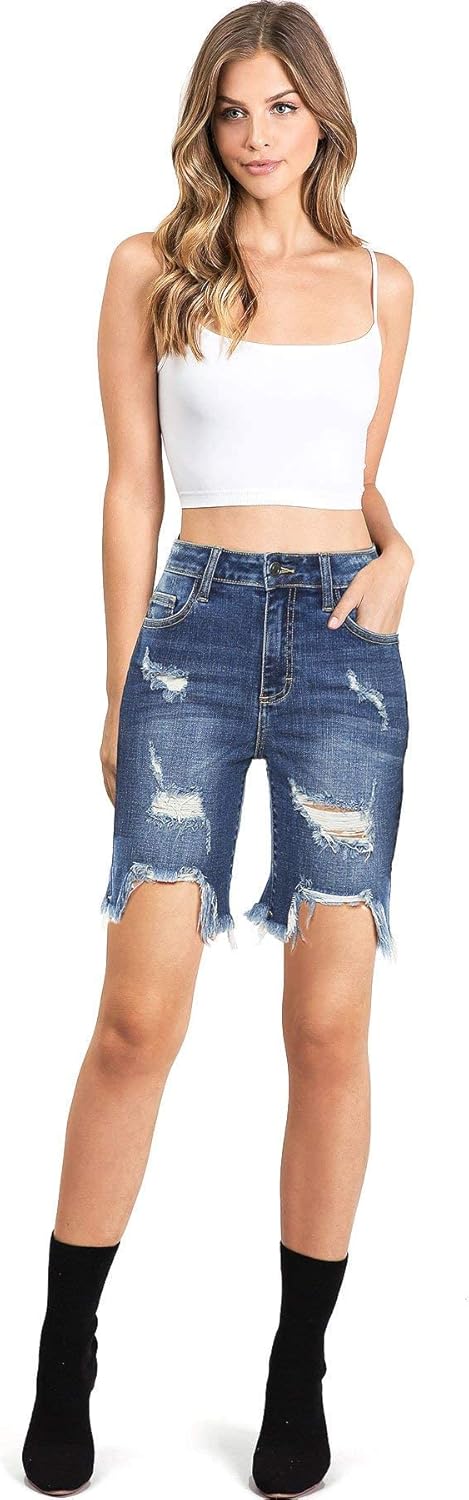 Cello Jeans Women's Juniors High Rise Distressed Denim Bermuda Shorts (S, Dark Denim) - Image 4