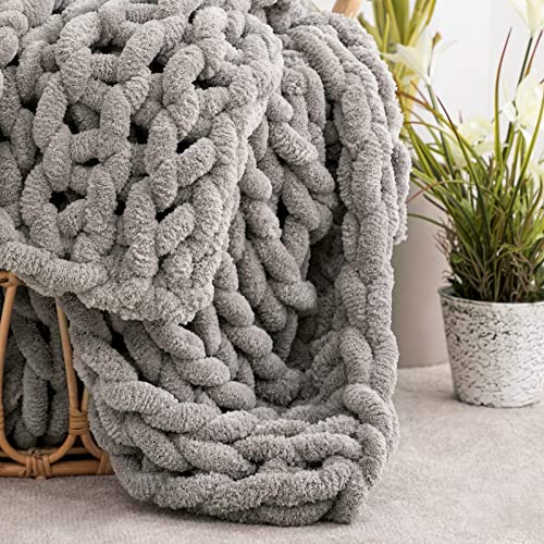 Hblife Chunky Knit Throw Blanket 40X40 Inches, Super Warm Soft Chenille Yarn Cable Knitted Blankets And Throws Boho Giant Cozy Thick Crochet Blanket For Sofa Bed Couch, Grey #TOP6