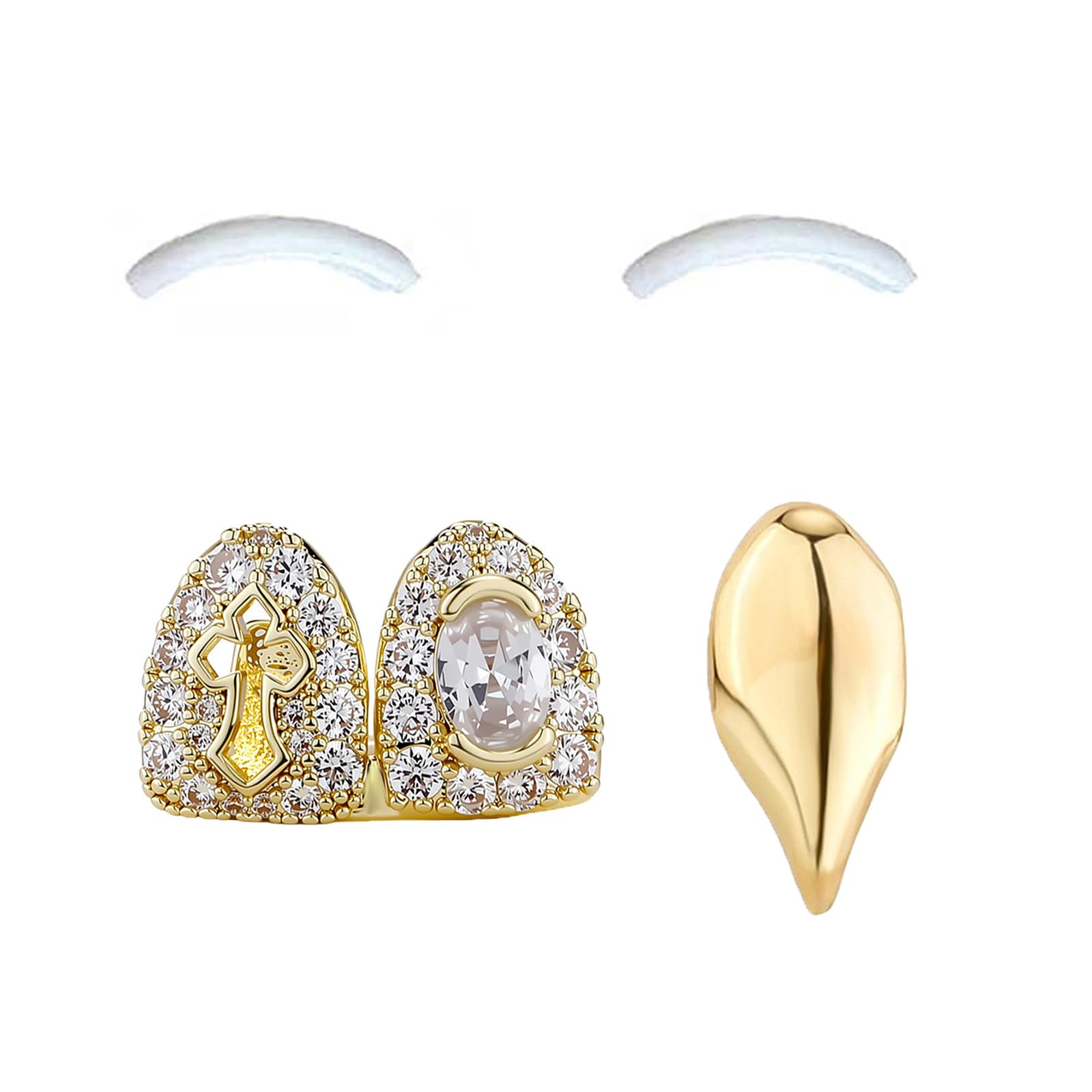 SSyang 18K Hip Hop Teeth, Grills for Mouth Braces Decoration, with Silicone Moldings Hip Hop Teeth, Grills for Mouth Top Bottom Music Festival Party Rapper Decorations(Golden,Hollow Cross Zircon)