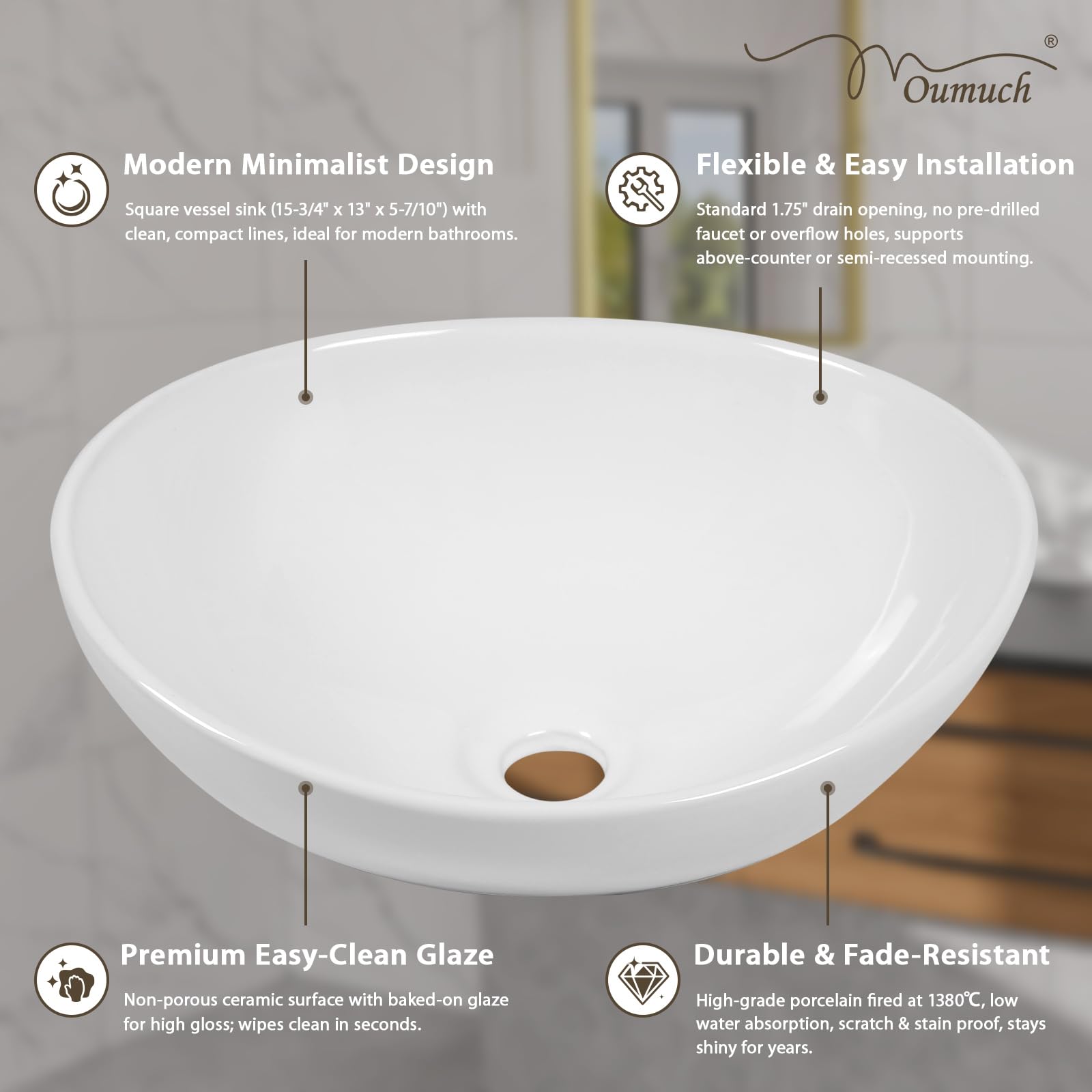 Fregadero ovalado de 15-3/4 pulgadas de ancho x 13 pulgadas de profundidad, fregadero de baño de cerámica de forma ovalada, lavabo de porcelana blanca, lavabo artístico