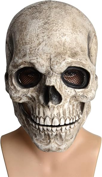 Skull Mask Moving Jaw, Human Skull Mask with Moving Jaw, Creepy Halloween Realistic Latex Helmet