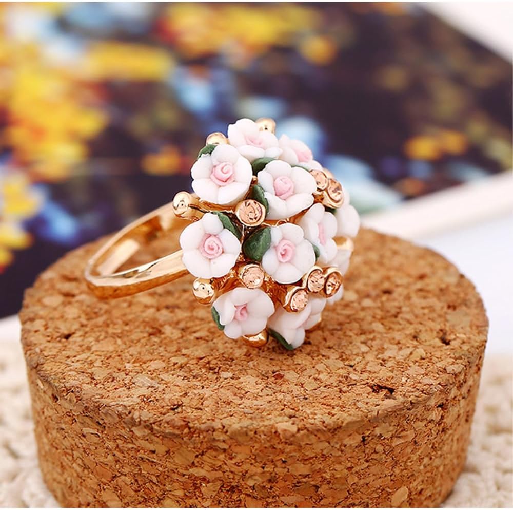Cute CZ Clay Flower Statement Ring for Women Girls Bridals Gold Plated Adjustabal Expandable Rhinestone Colorful Cherry Daisy Clusters Open Wrap Finger Rings Comfort Fit Lovely Wedding Engagement Party Jewelry Gift - Image 4