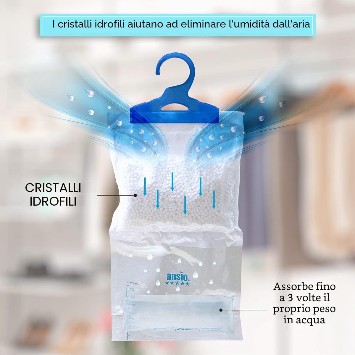 ANSIO 12 sacchetti per deumidificatori per armadio, assorbitori di umidità, condensa, deumidificatori per umidità, muffa, camera da letto, roulotte, bagno, cantina, ufficio, 210 g ciascuno