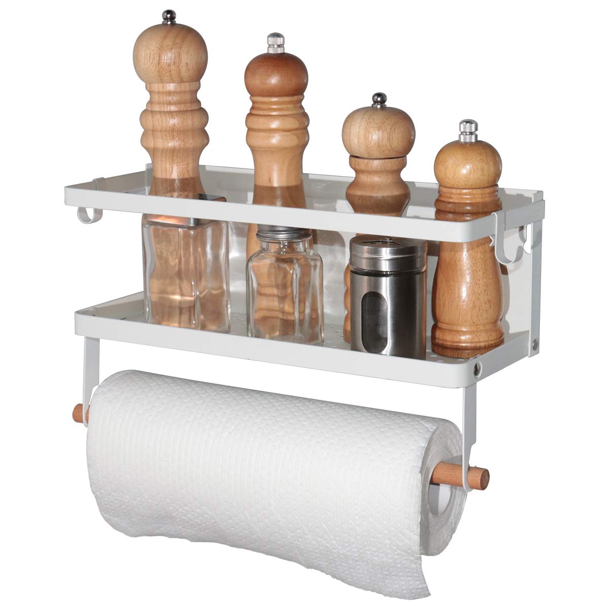 Magnetisches Kühlschrank-Gewürzregal, 2 Etagen, faltbar, für die Küche, magnetisch, Seitenregal Aufbewahrung von Gewürzen, Saucen, Salz, Pfeffer, Handtuch mit Holzhalter Haken und Schraube weiß